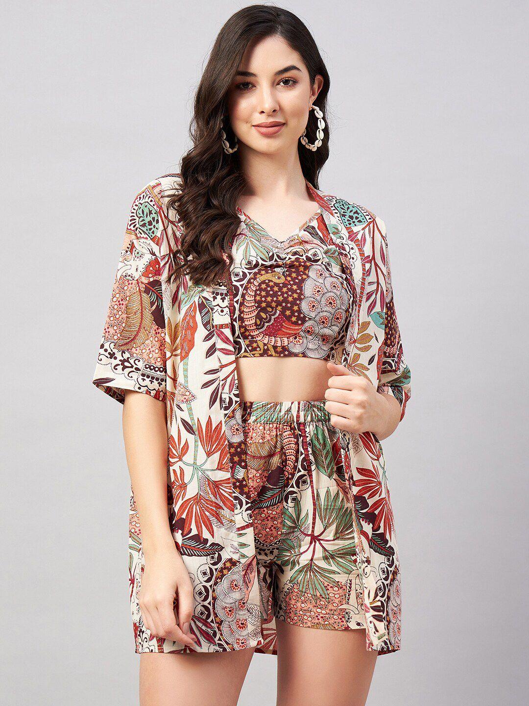 winered printed pure cotton top with shorts & shirt co-ords