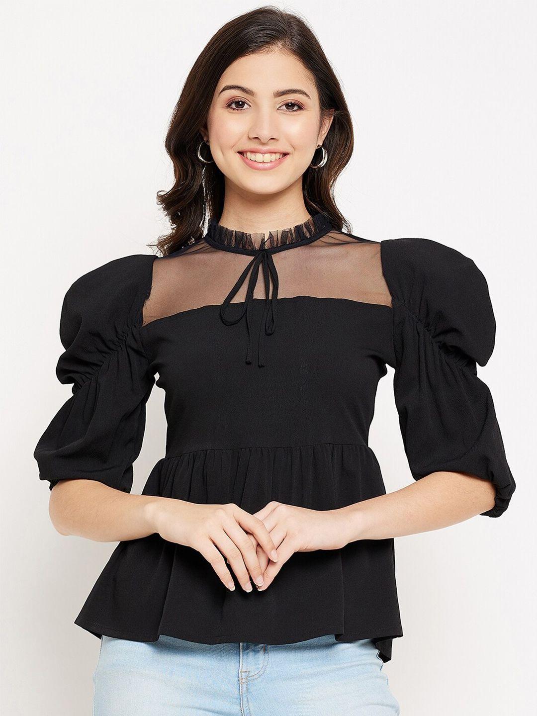 winered tie-up neck puff sleeves smocked peplum top