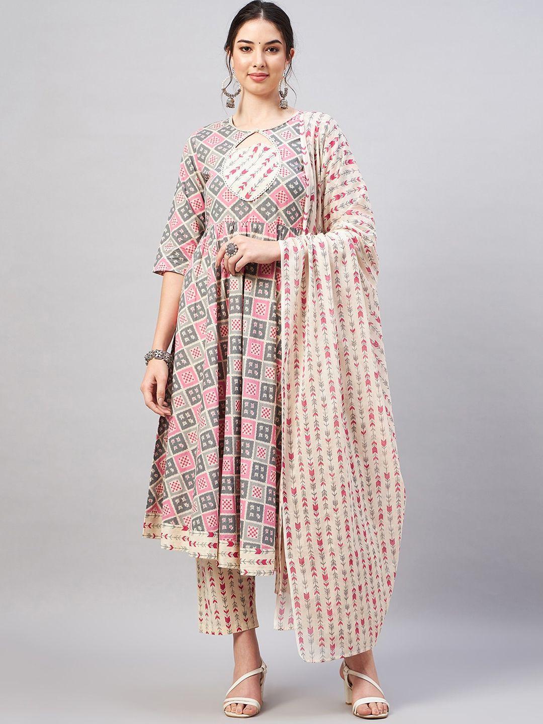 winered women beige printed regular pure cotton kurta with trousers & with dupatta