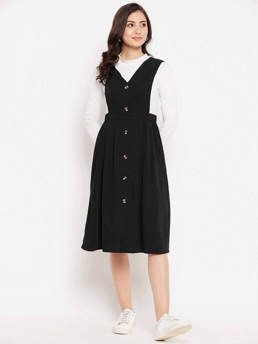 winered women black crepe pinafore dress with button