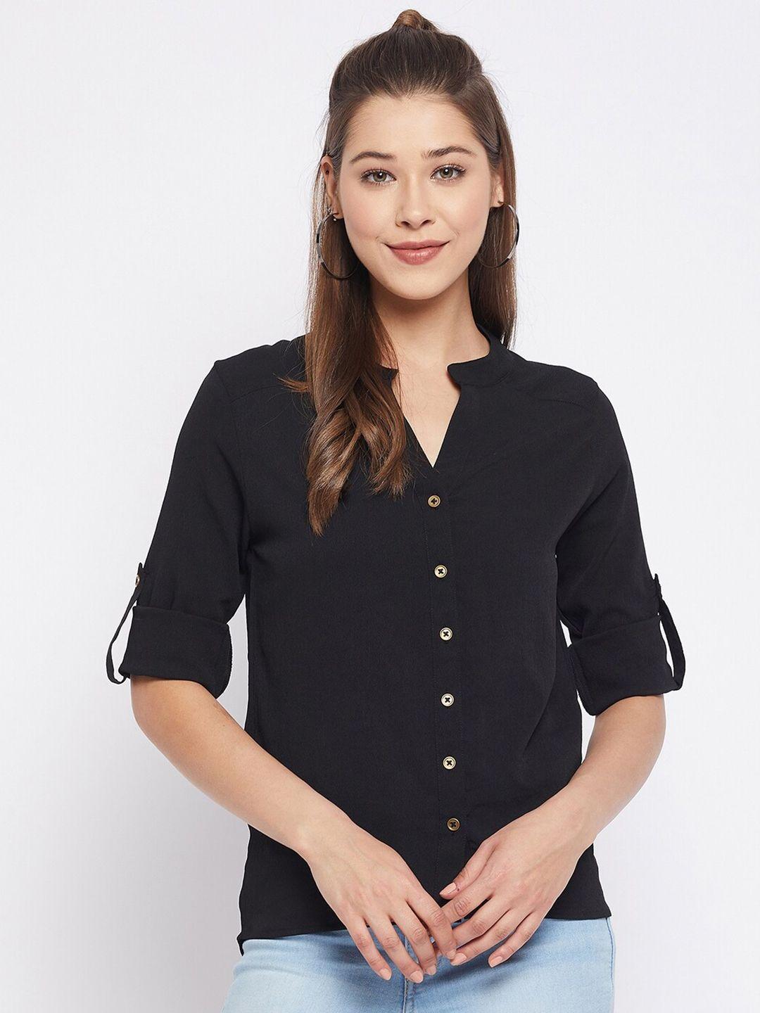winered women black shirt style roll-up sleeves top