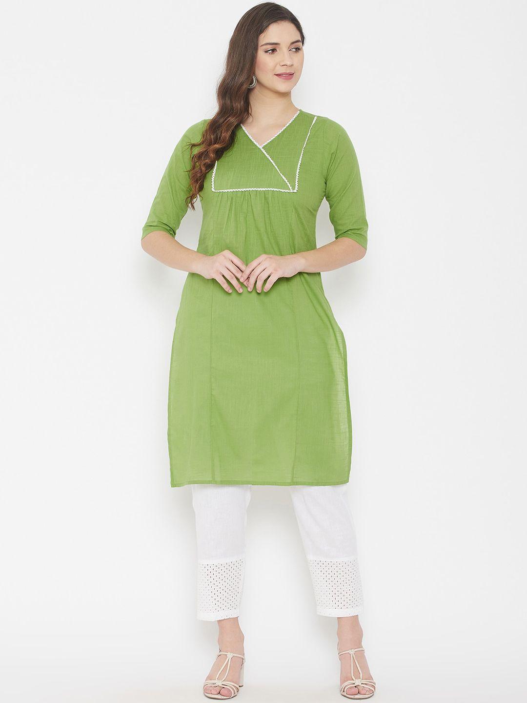 winered women green cotton solid kurta with trousers