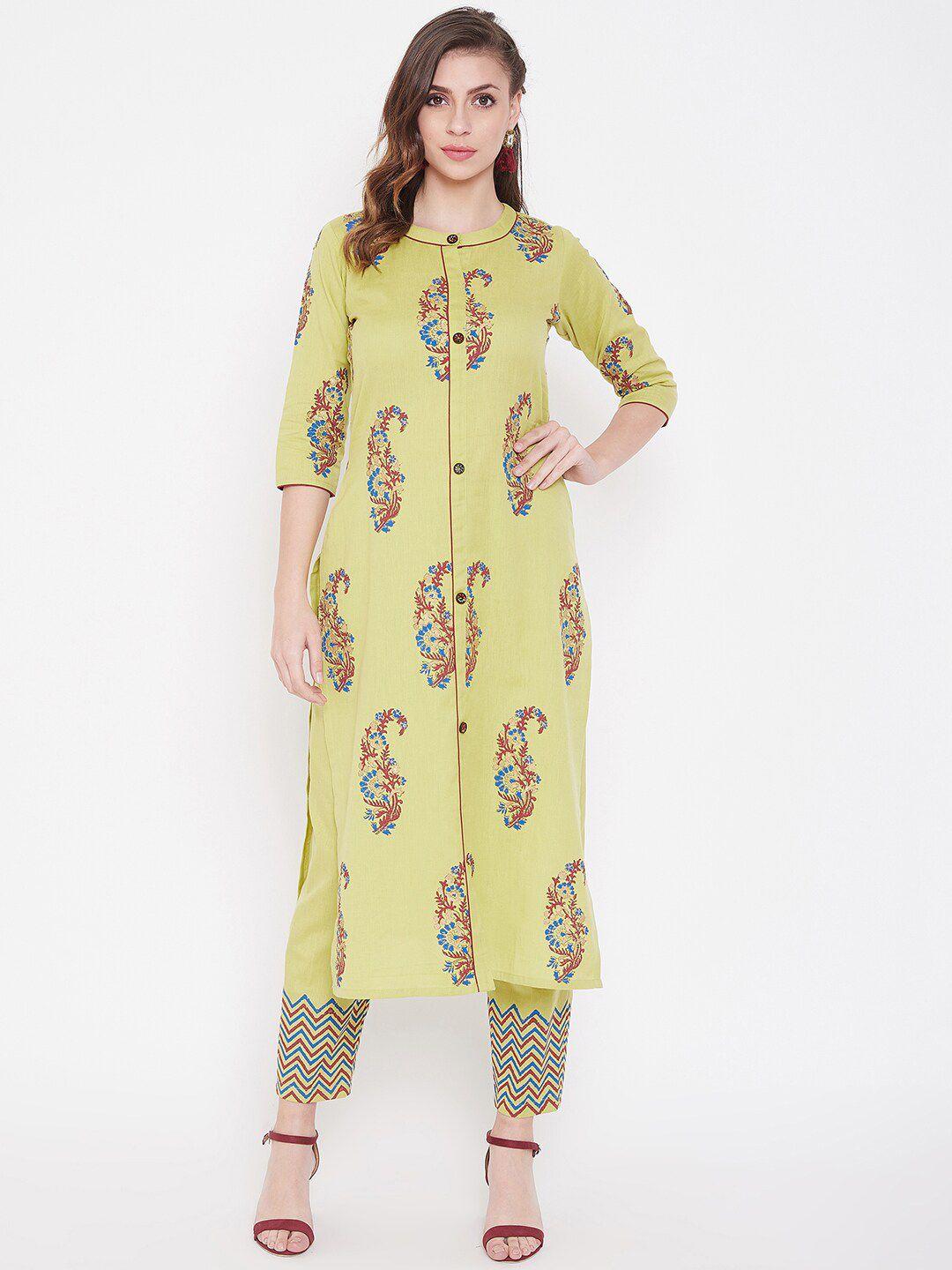 winered women green printed kurta with trousers