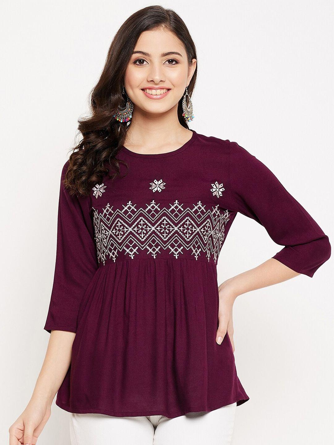 winered women maroon & white embroidered top