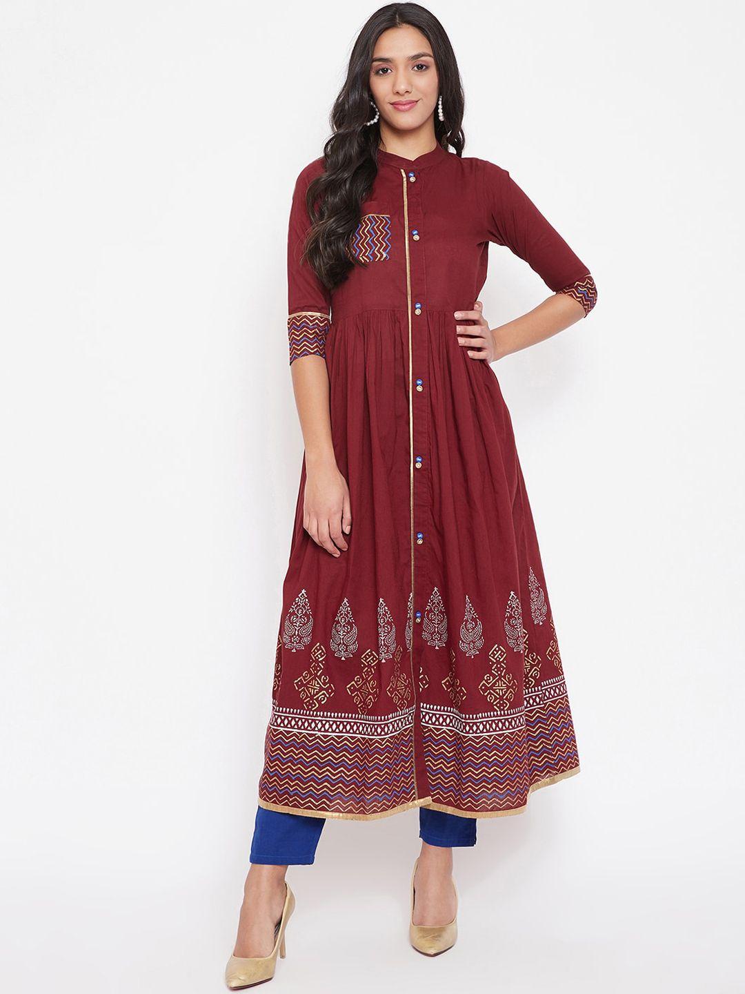 winered women maroon block print cotton flared kurta