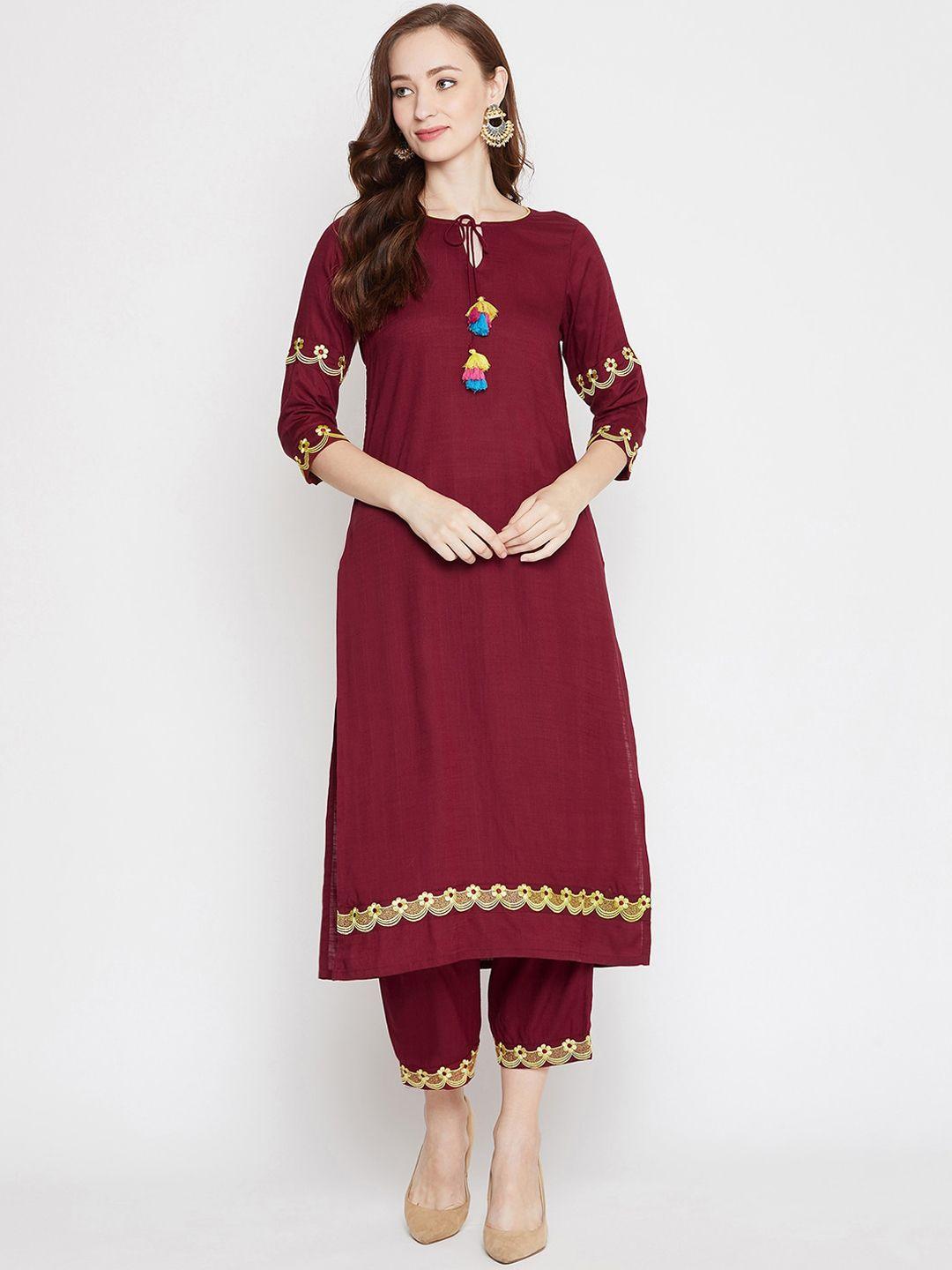 winered women maroon embroidered kurti with trousers