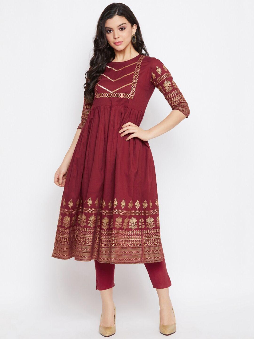 winered women maroon floral print cotton flared kurta