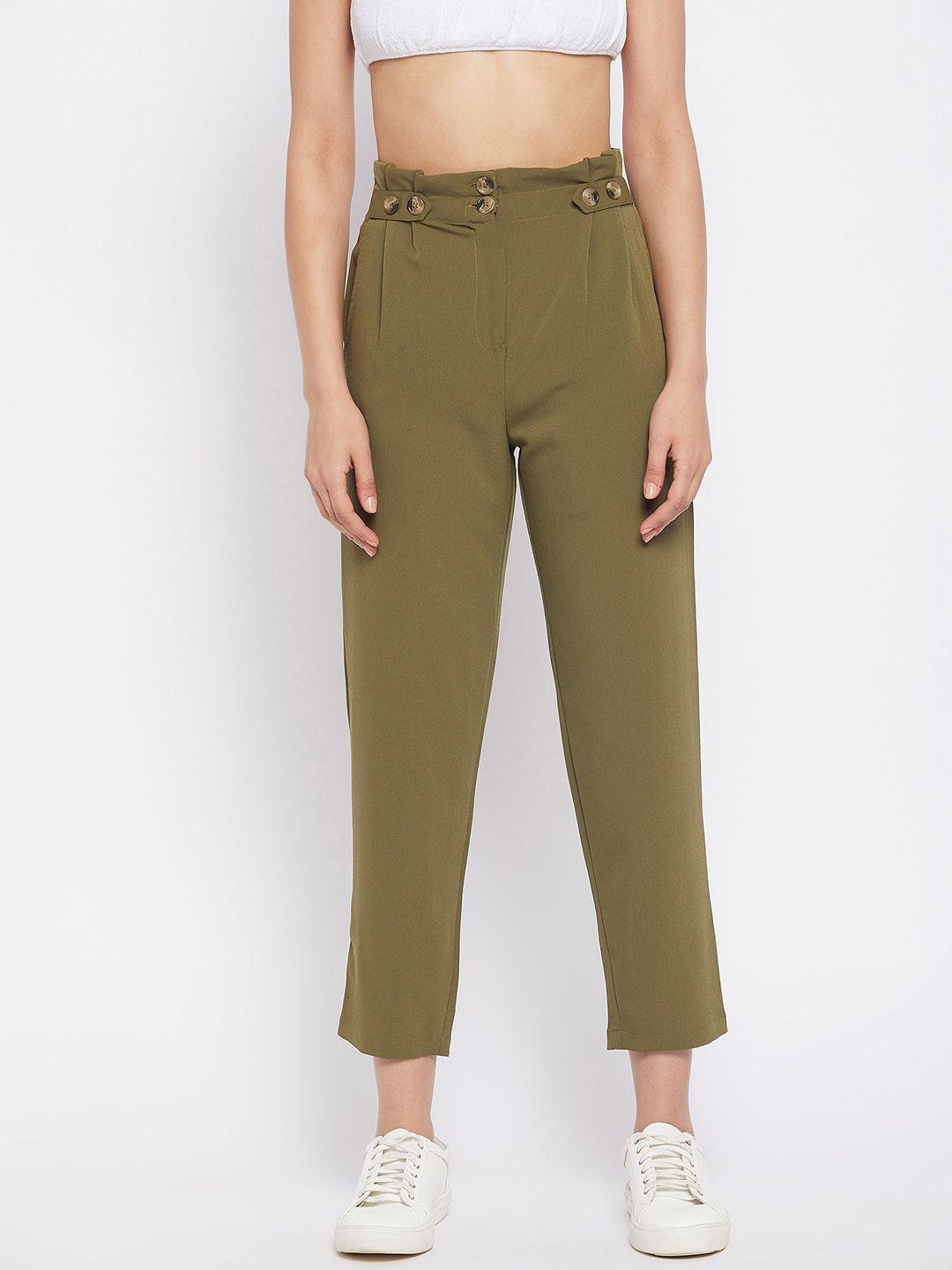 winered women olive green high-rise easy wash pleated trousers