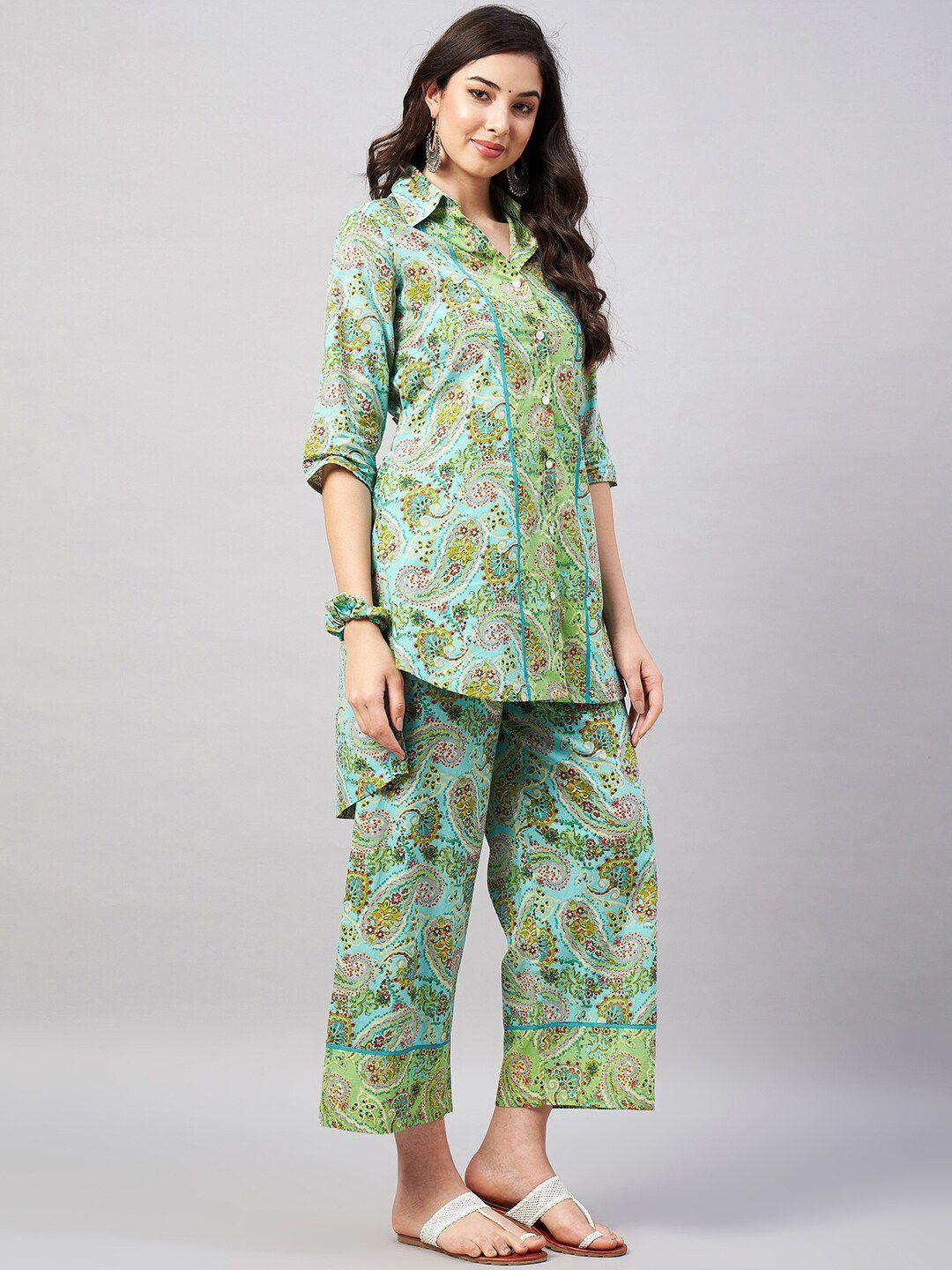 winered women printed pure cotton tunic with trouser & scrunchies