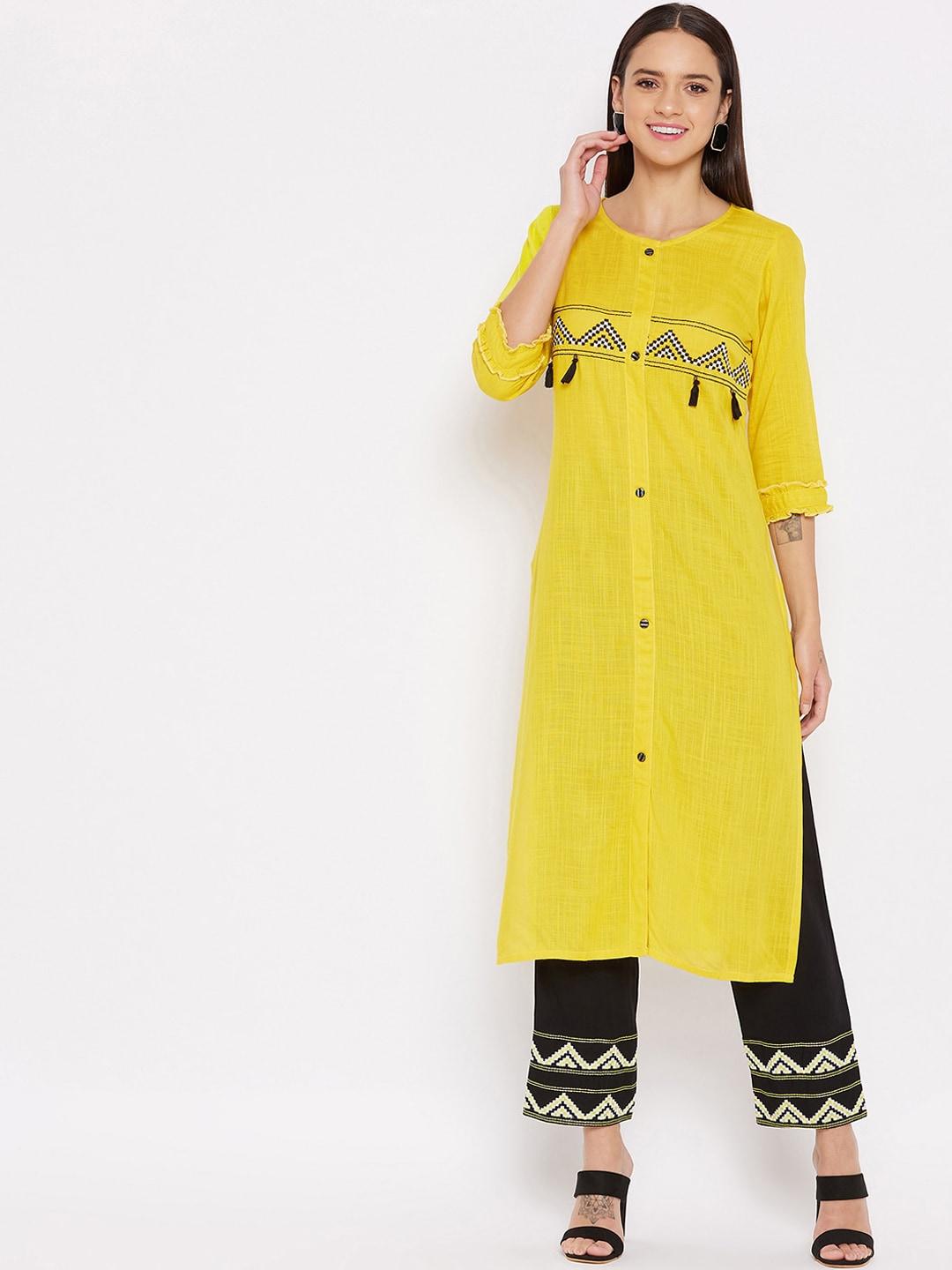 winered women yellow embroidered kurta with trousers