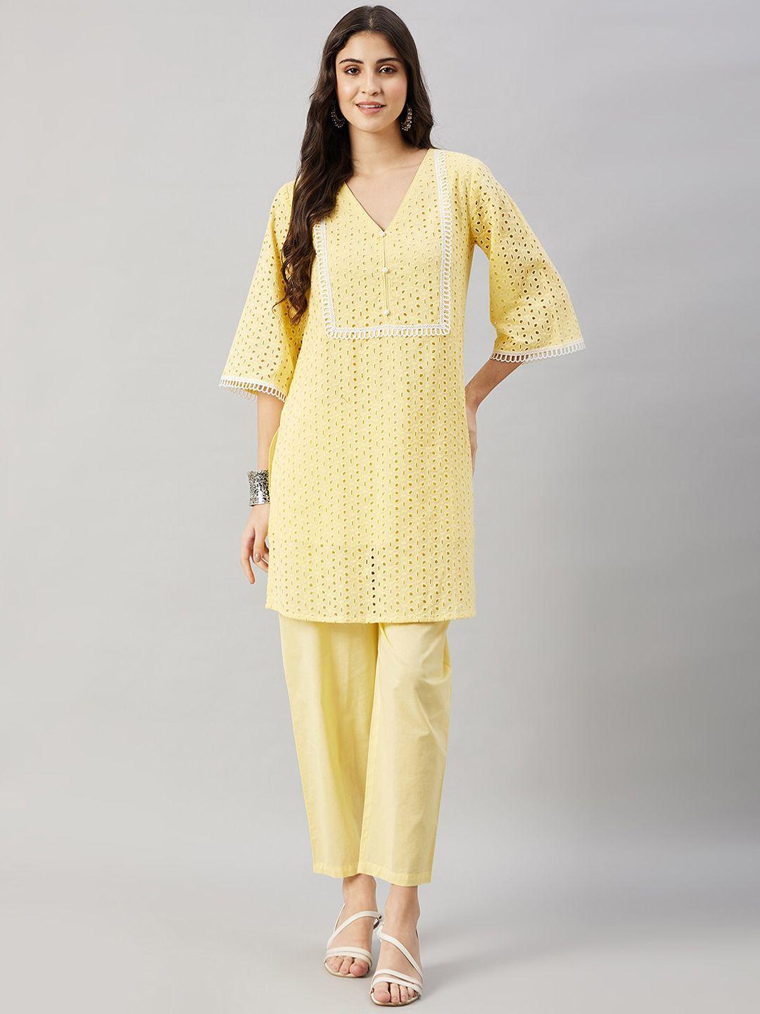 winered women yellow ethnic motifs embroidered regular thread work pure cotton kurta with salwar