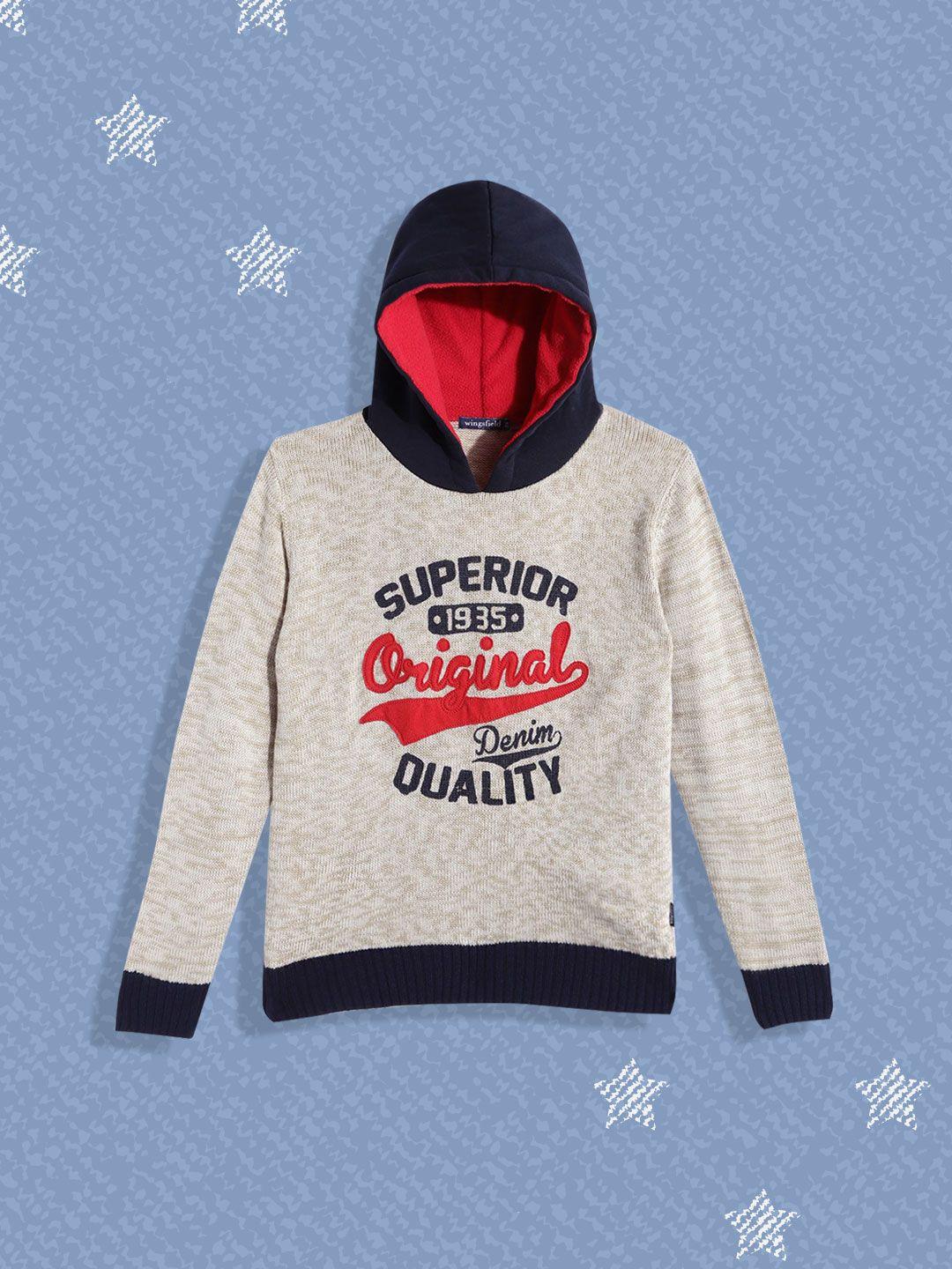wingsfield boys beige & navy blue typography printed acrylic pullover