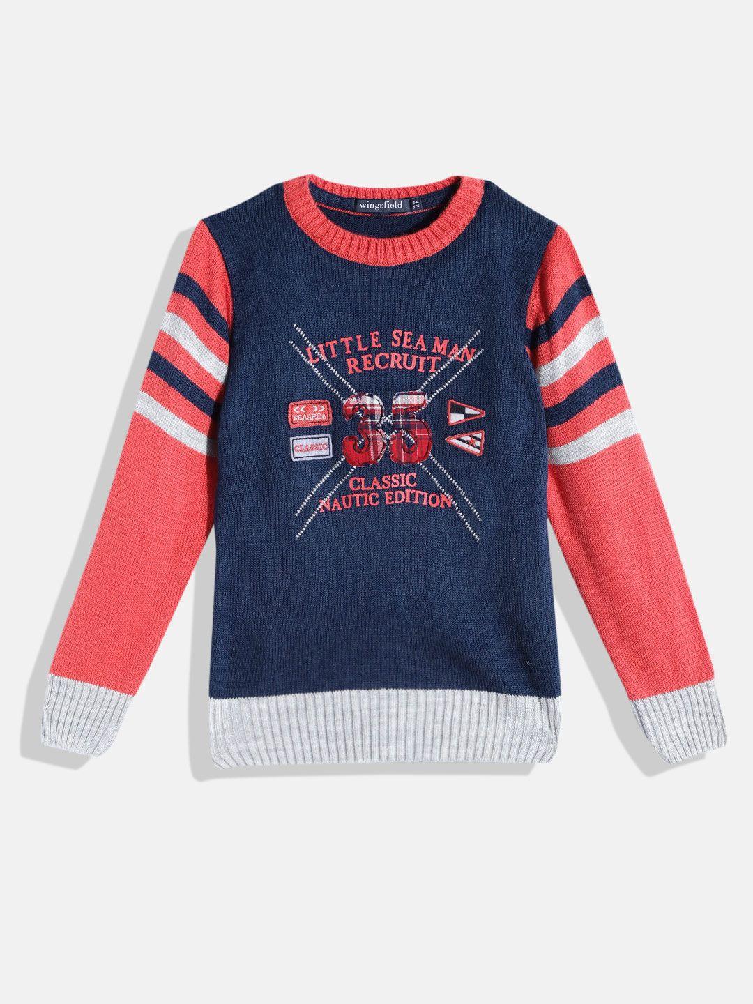 wingsfield boys blue & peach-coloured typography printed acrylic pullover