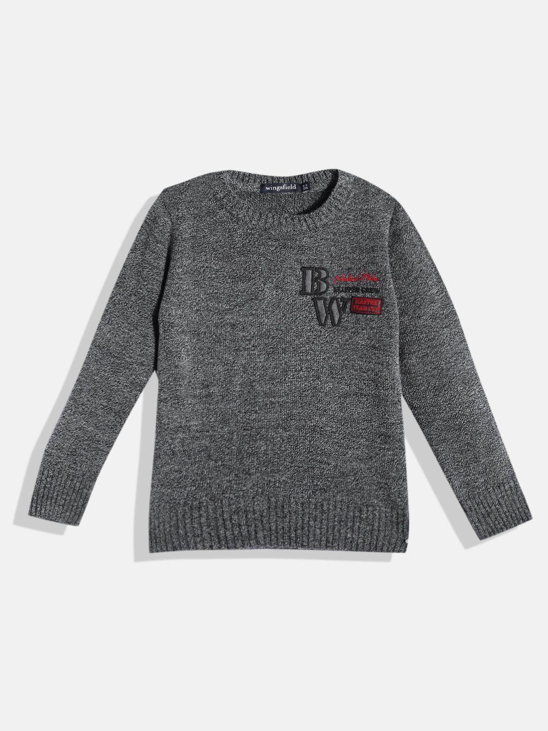 wingsfield boys charcoal grey acrylic pullover with embroidered detail