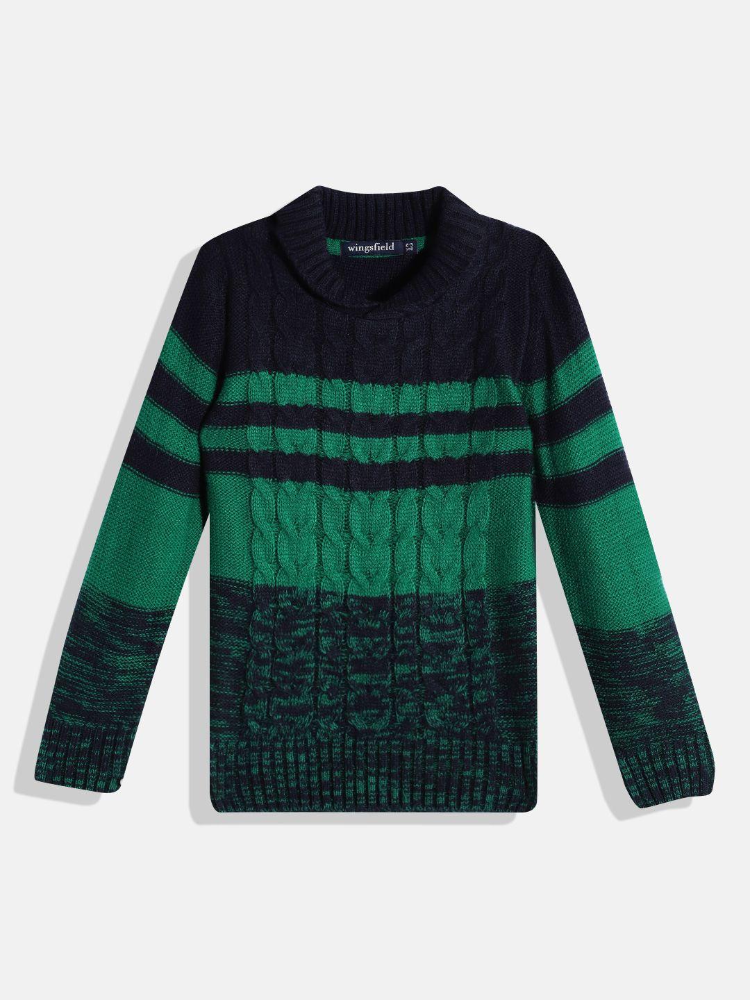 wingsfield boys green & navy blue cable knit acrylic pullover