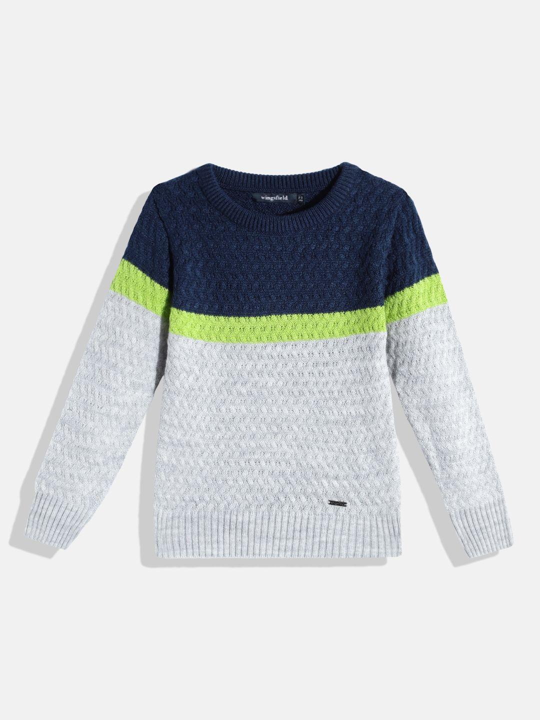 wingsfield boys grey & blue cable knit acrylic pullover