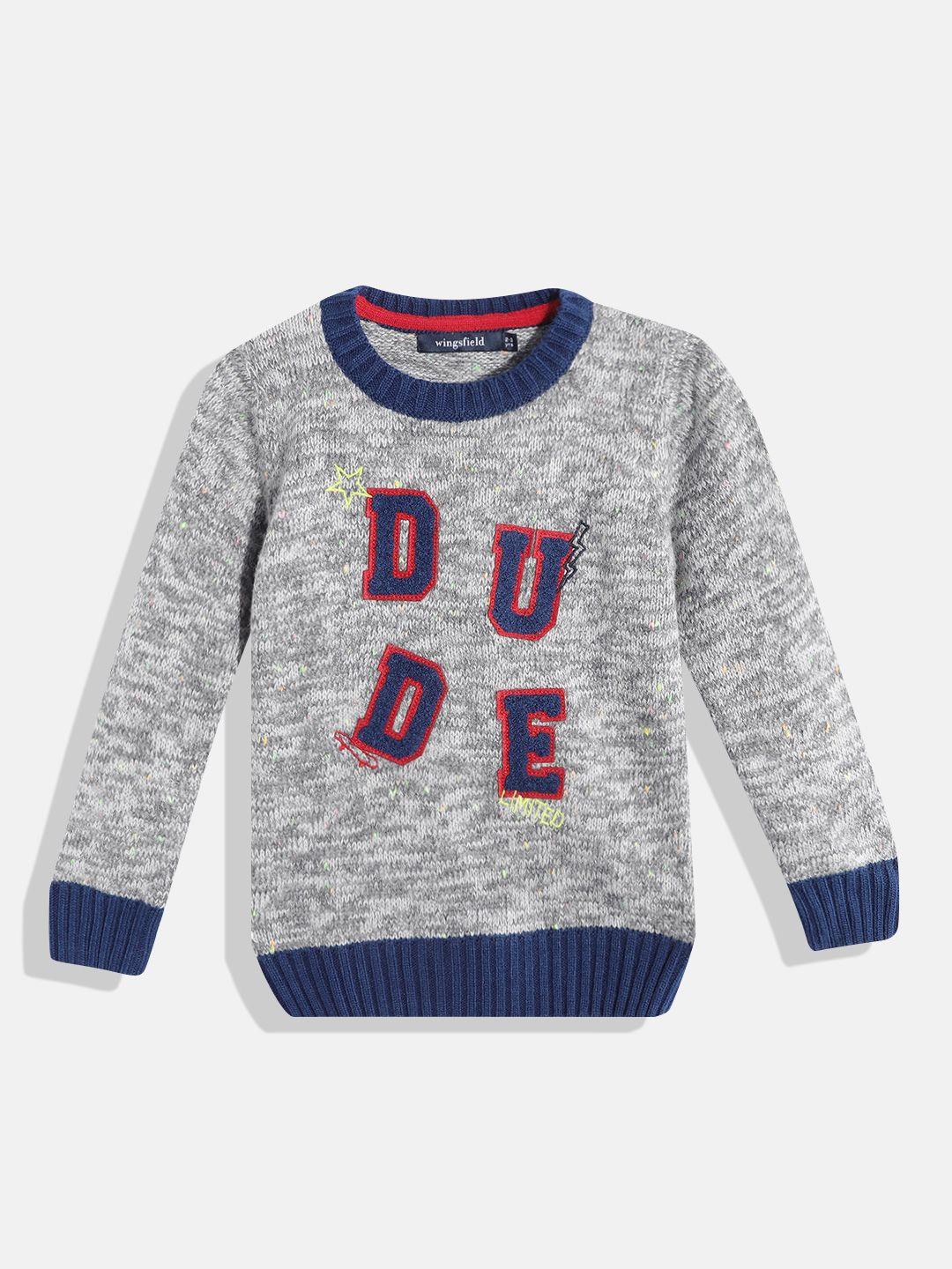 wingsfield boys grey & navy blue typography pullover with embroidered detail