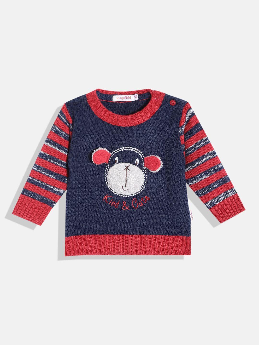 wingsfield boys navy blue & red printed pullover with applique detail