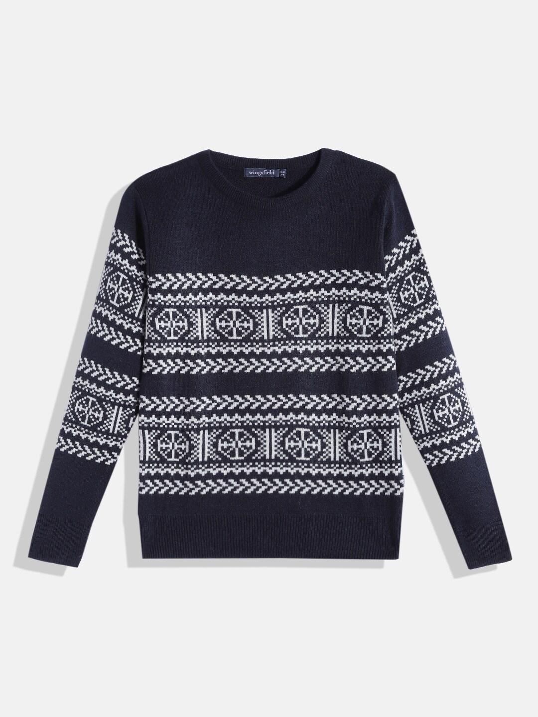 wingsfield boys navy blue & white self design acrylic pullover