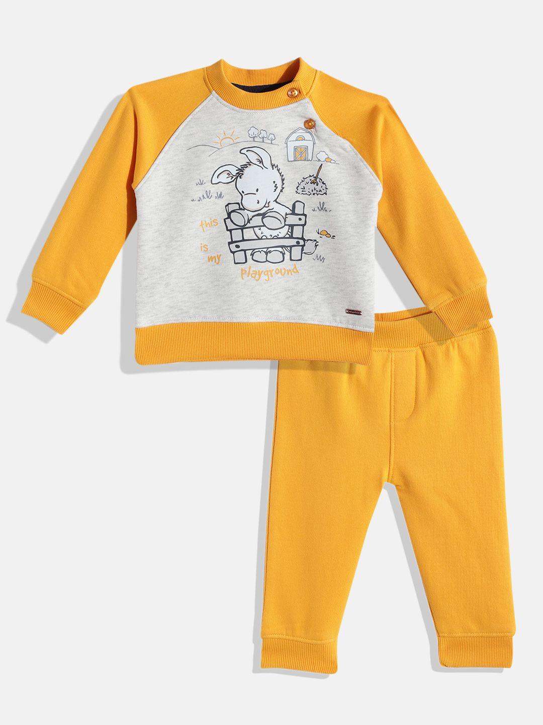 wingsfield boys yellow & grey melange printed sweatshirt & joggers
