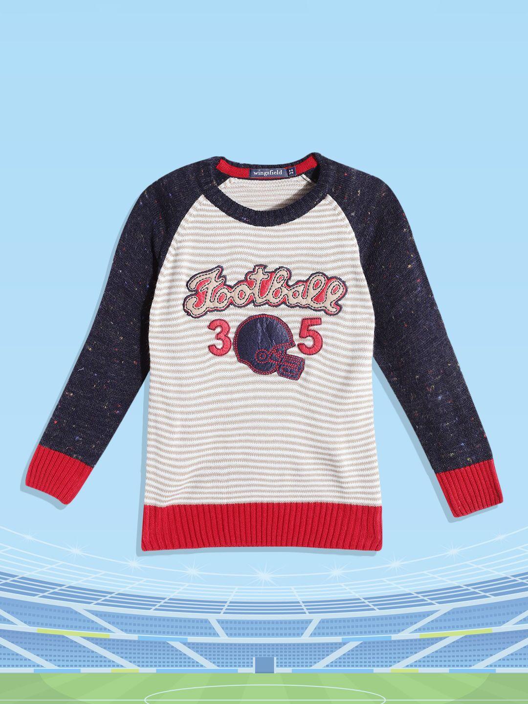 wingsfield boys beige & navy blue striped acrylic pullover with applique detail