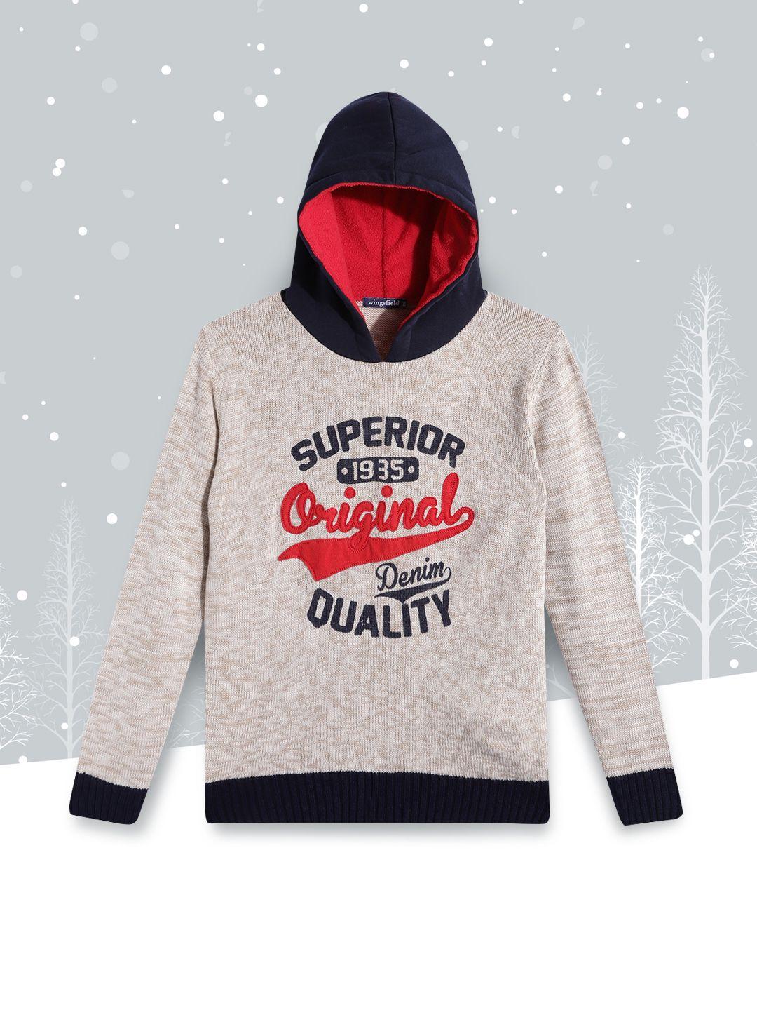wingsfield boys beige & navy blue typography printed acrylic pullover