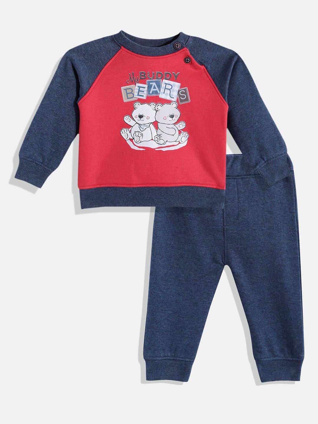 wingsfield boys coral red & navy blue printed sweatshirt & joggers