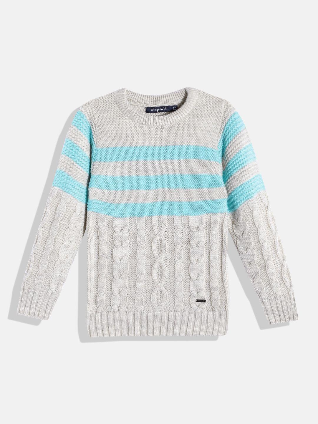 wingsfield boys grey & blue cable knit striped pullover