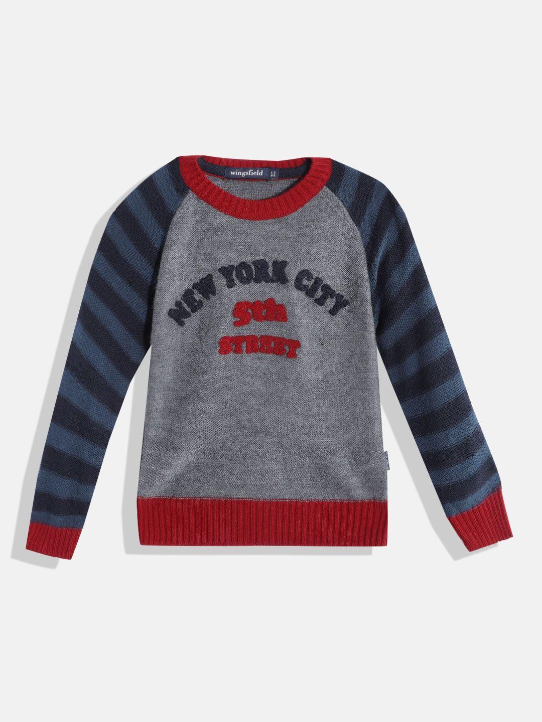 wingsfield boys grey & red typography printed acrylic pullover