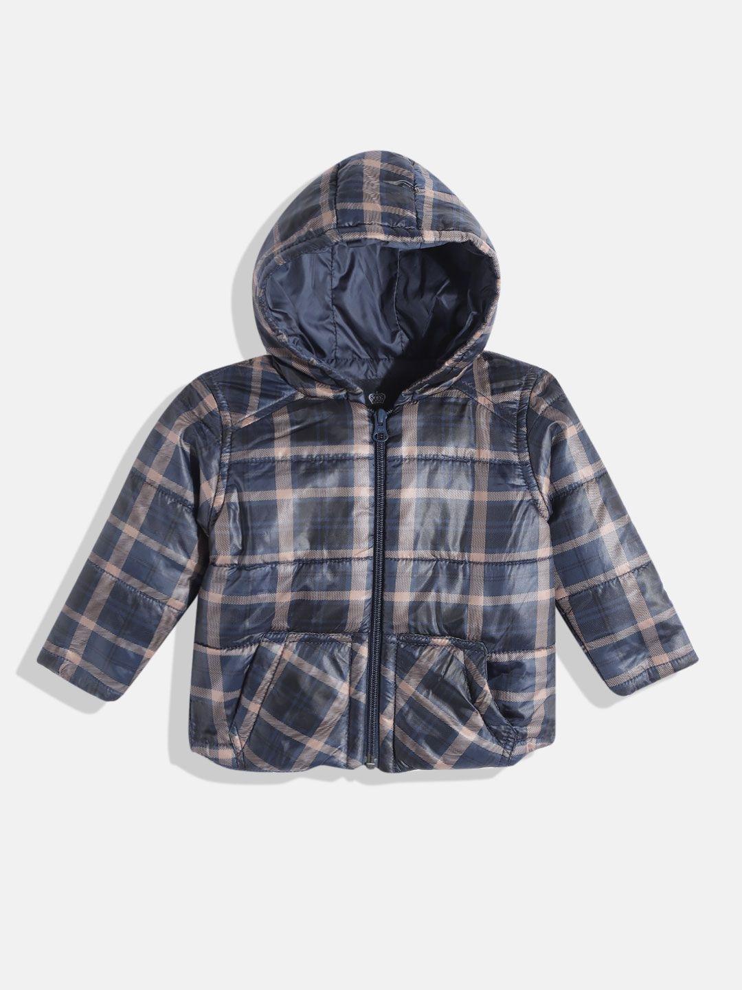wingsfield boys navy blue & taupe checked padded jacket