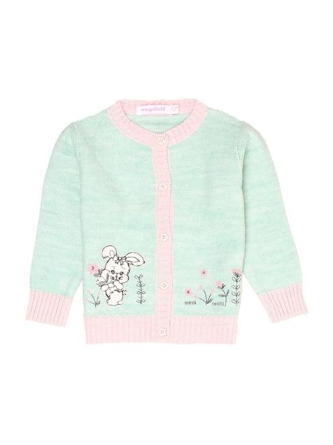 wingsfield kids green & pink embroidered full sleeves cardigan
