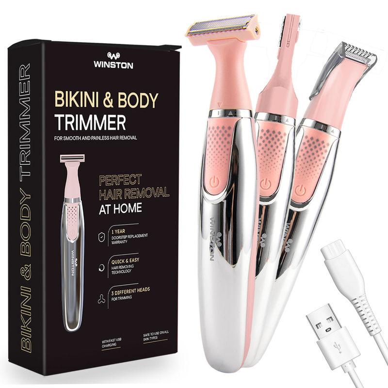 winston rechargeable bikini trimmer with eyebrow & body shaver head for women - pink