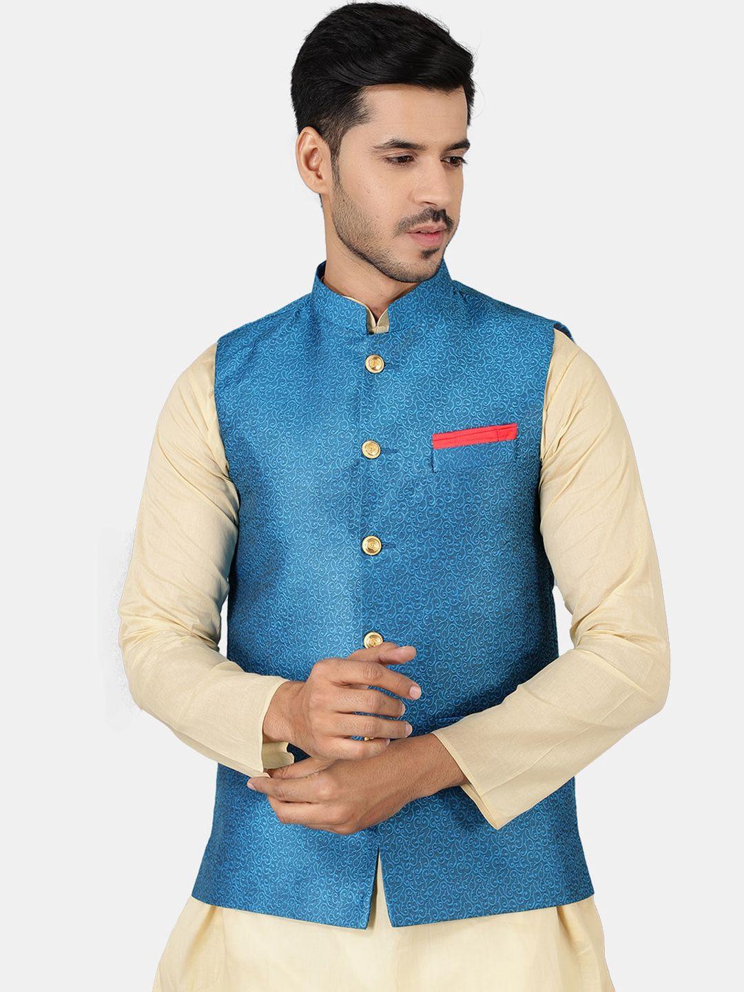 wintage men blue woven-design nehru jackets
