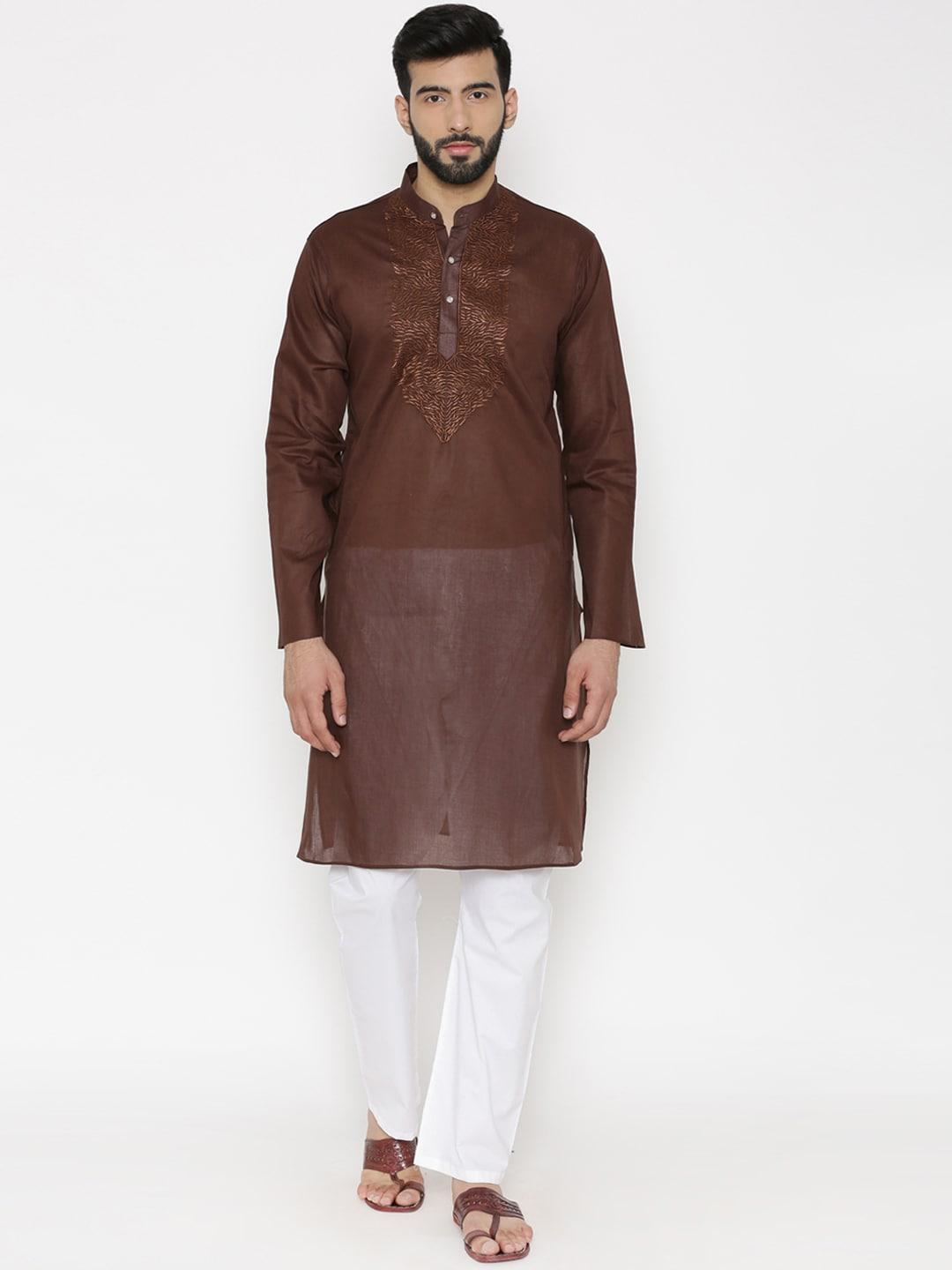 wintage men brown & white yoke design kurta with pyjamas