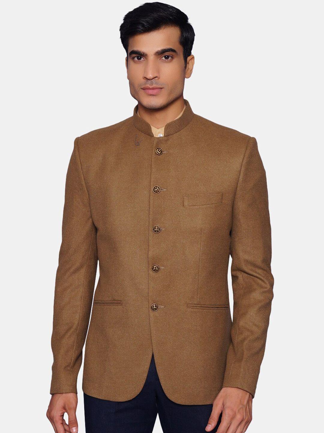 wintage men brown solid woolen bandhgala ethnic blazer