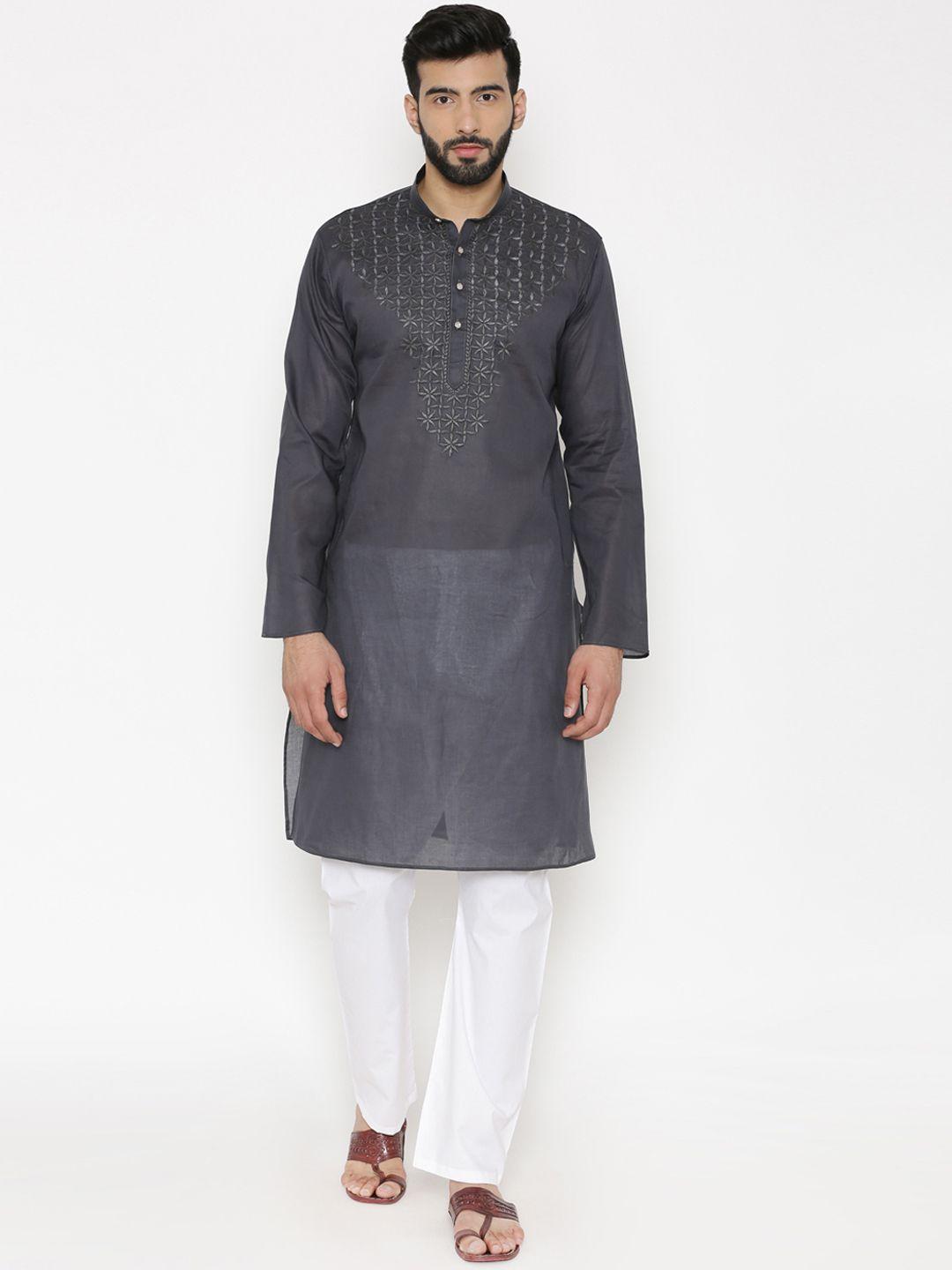 wintage men charcoal grey & white yoke design kurta with pyjamas