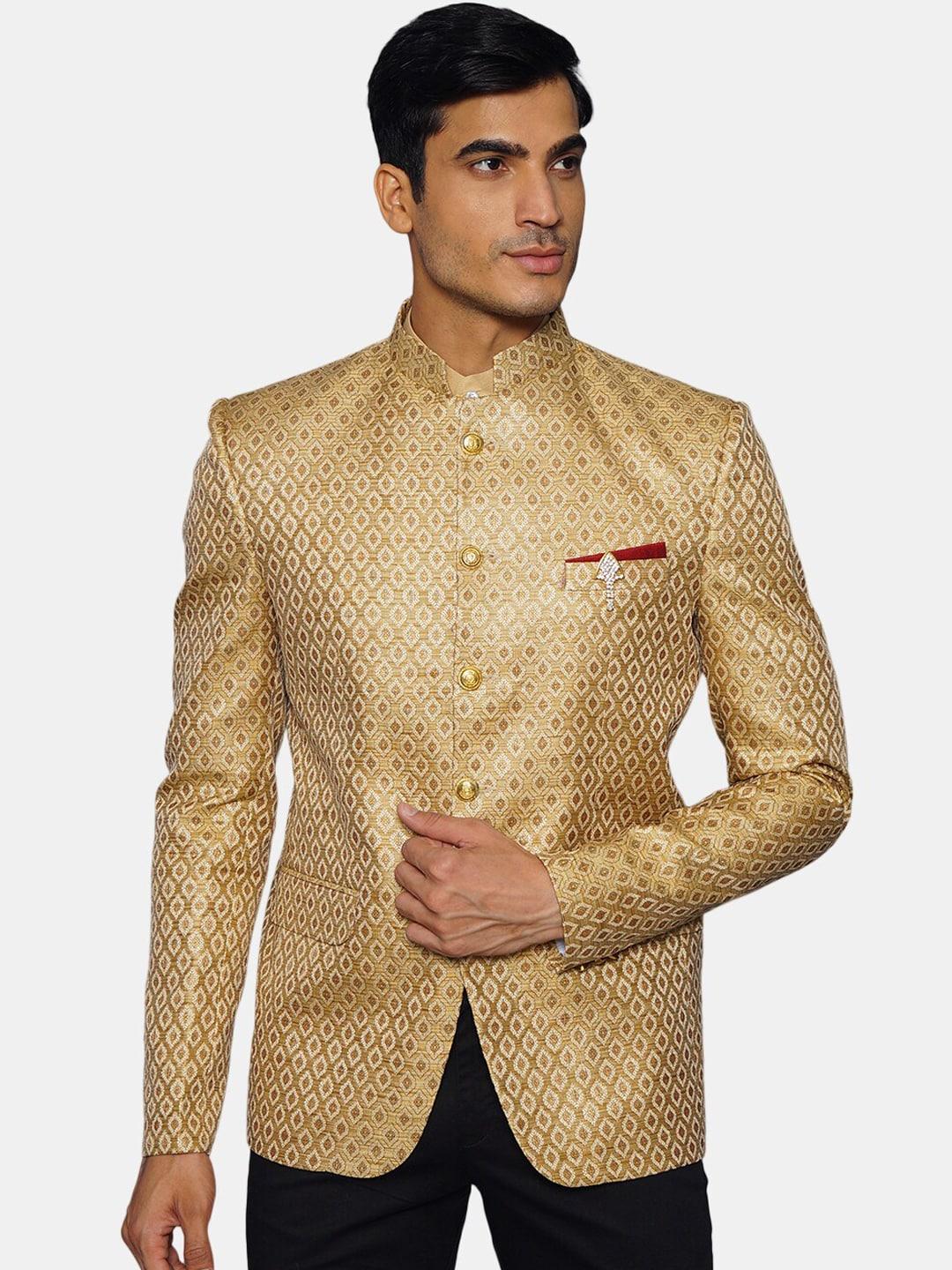 wintage men gold-coloured printed banarasi bandhgala blazer