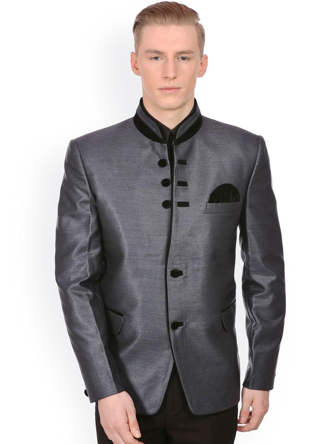 wintage men grey single-breasted tailored fit ethnic bandhgala blazer