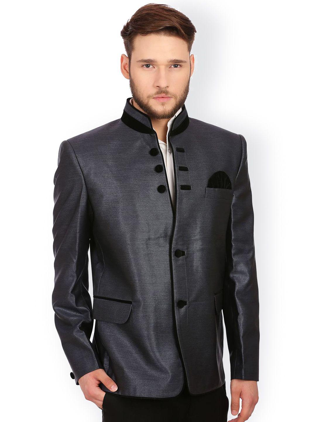 wintage men grey single-breasted tailored fit ethnic bandhgala blazer
