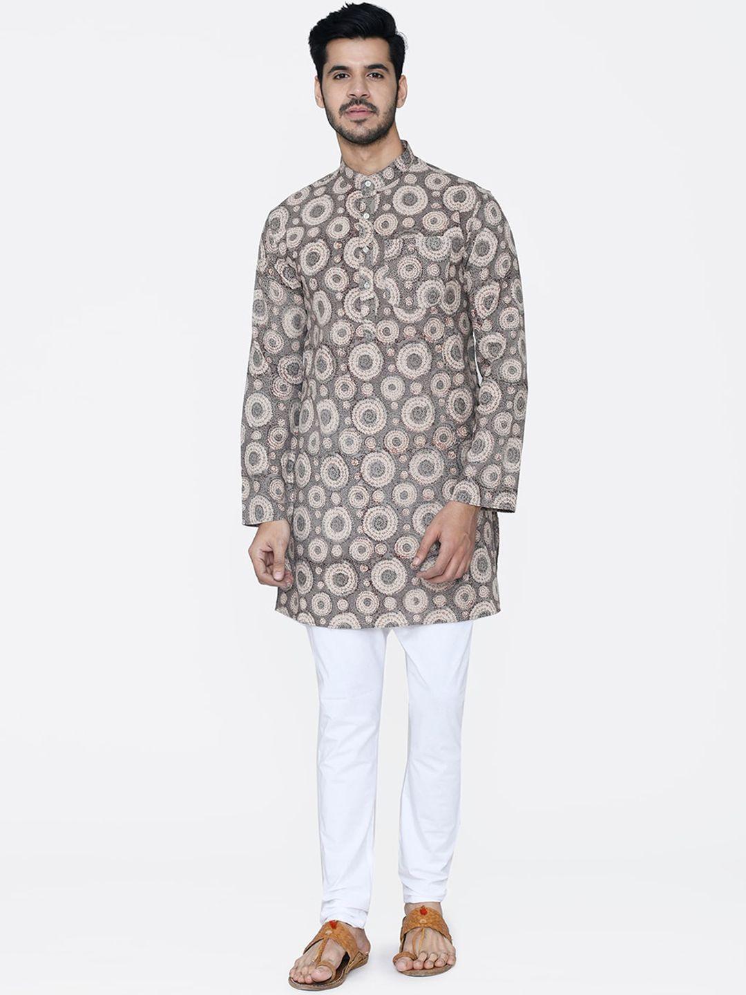 wintage men beige & white printed kurta with pyjamas