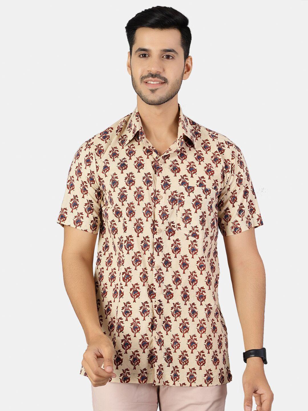wintage men beige classic floral printed casual shirt