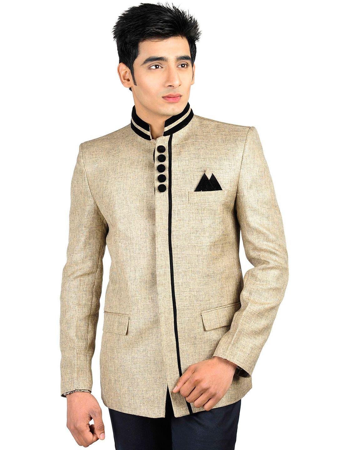 wintage men beige single-breasted tailored fit ethnic bandhgala blazer