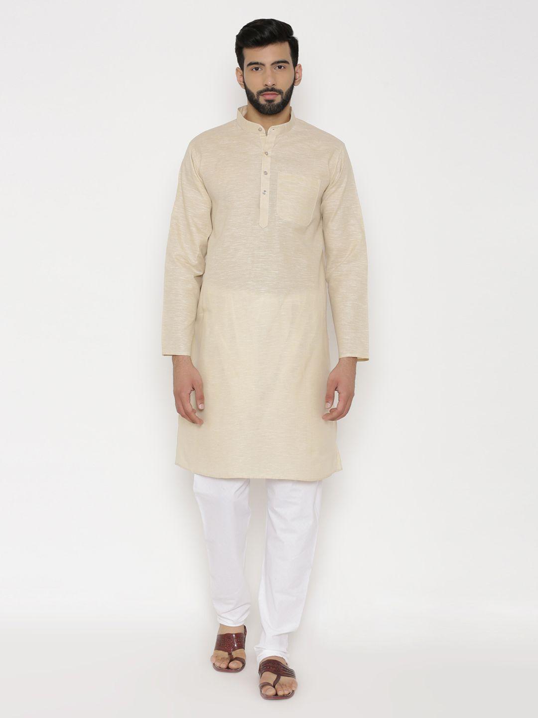 wintage men beige solid straight cotton kurta