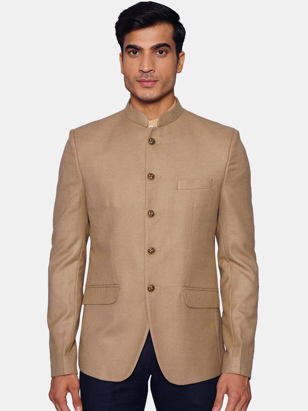 wintage men beige solid woolen bandhgala blazer