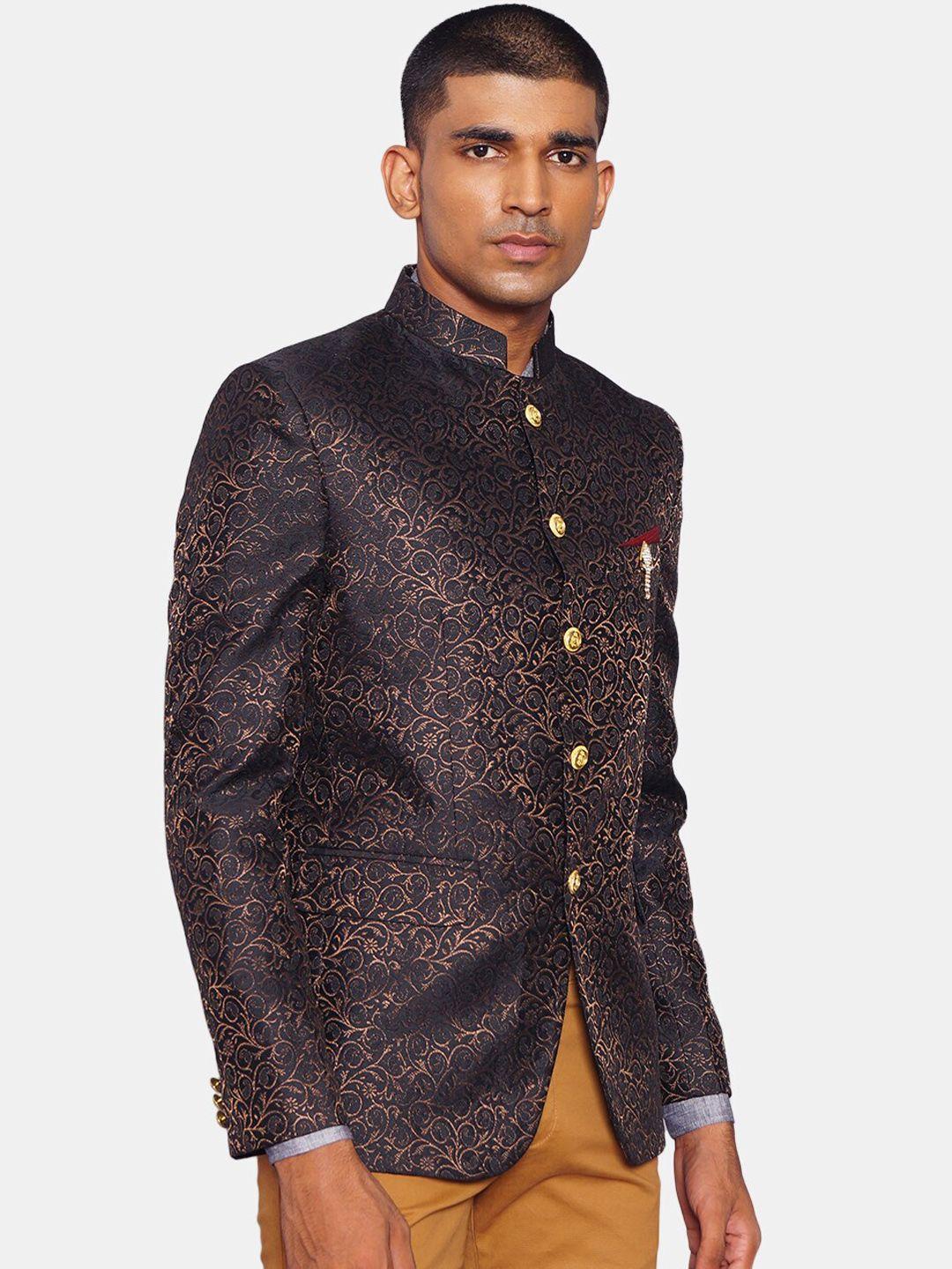 wintage men black & golden ethnic motifs self- design bandhgala blazer