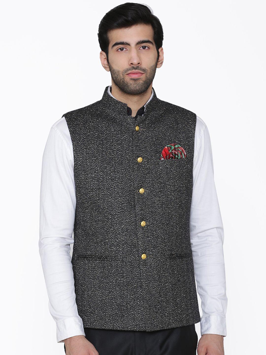 wintage men black woven design nehru jacket