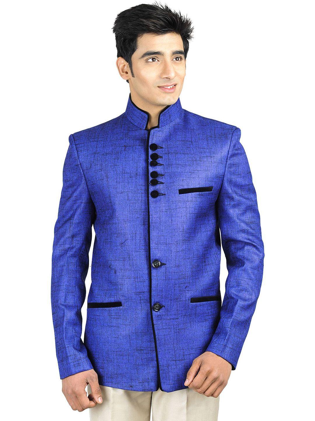 wintage men blue single-breasted tailored fit ethnic bandhgala blazer blazer