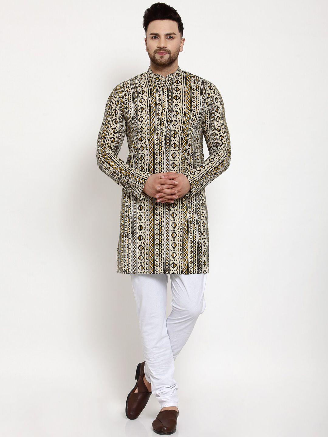 wintage men brown & cream-coloured printed kurta with pyjamas