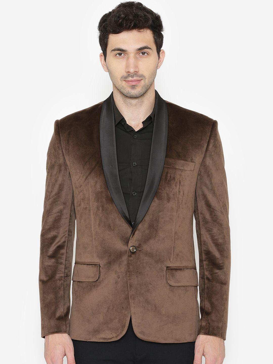 wintage men brown solid regular fit velvet tuxedo blazer