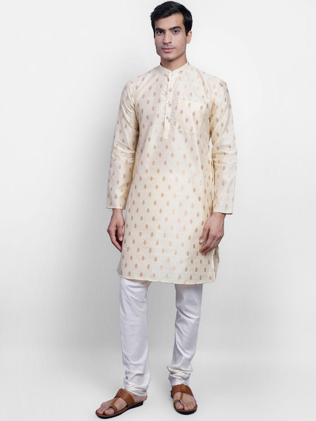 wintage men cream-coloured ethnic motifs printed regular kurta with churidar